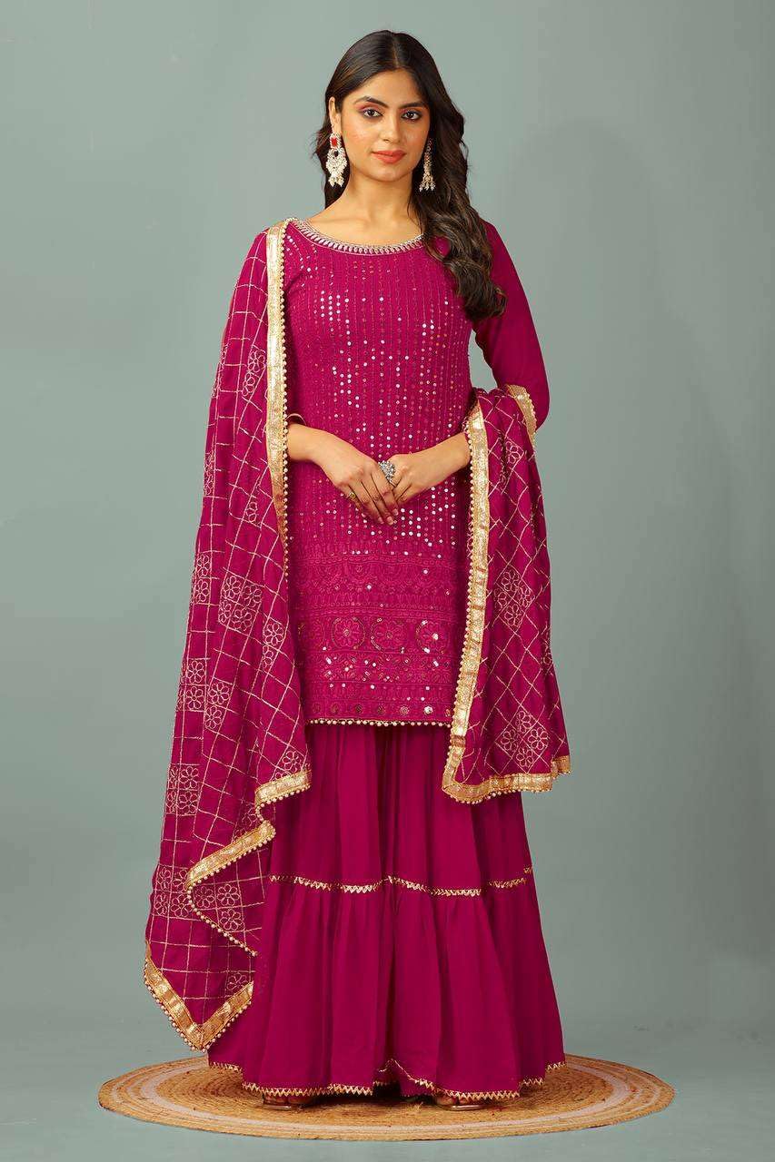 Georgette Sharara Suit with Mirror Work & Embroidered Dupatta | Party Wear Indian Ethnic Set (BLACKLUXE CRAFTS) - BLACKLUXECRAFTS