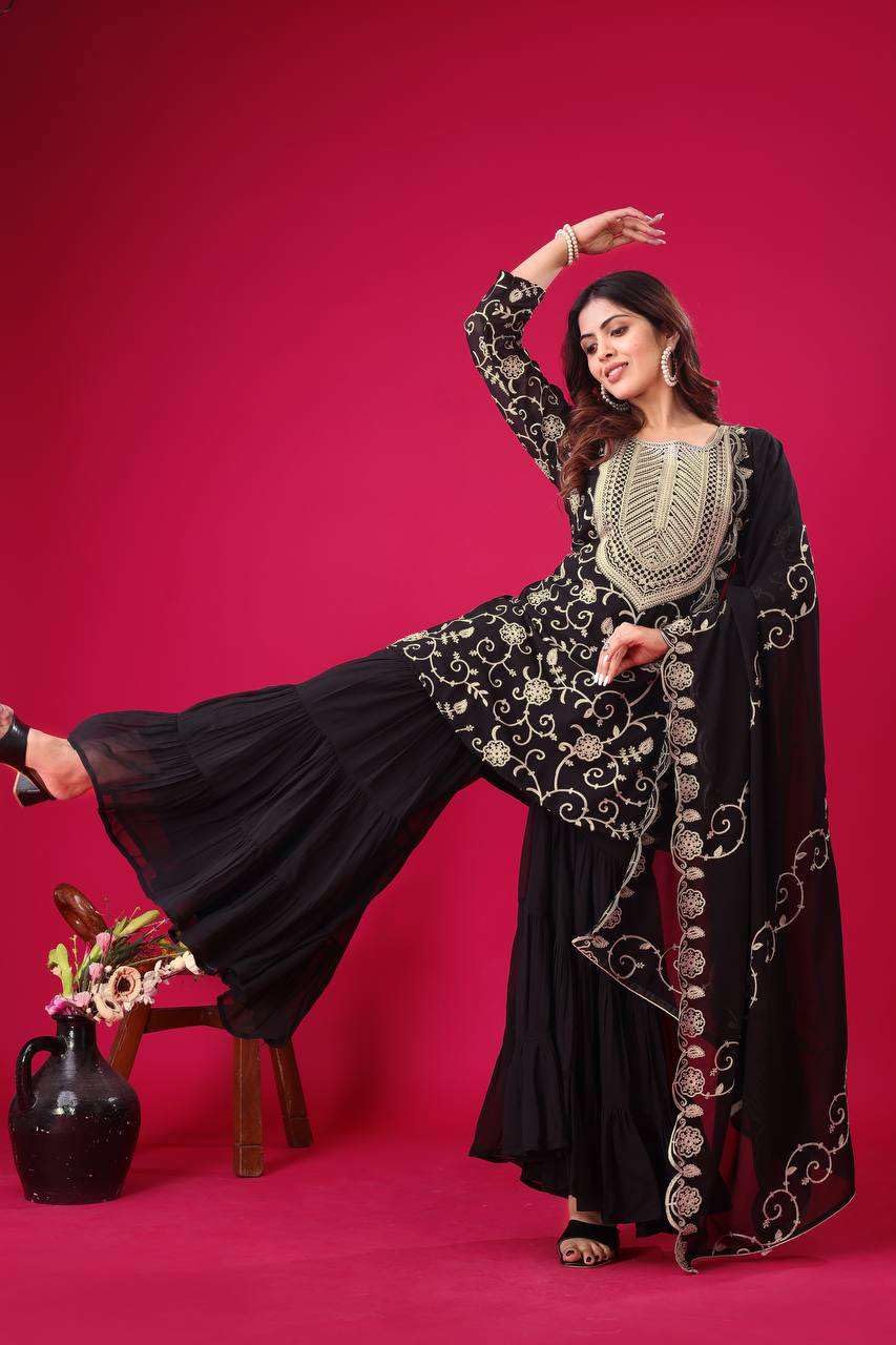 Embroidered Kurta Sharara Set with Dupatta – Designer Indian Wedding & Party Wear Outfit for Women (BLACKLUXE CRAFTS) - BLACKLUXECRAFTS