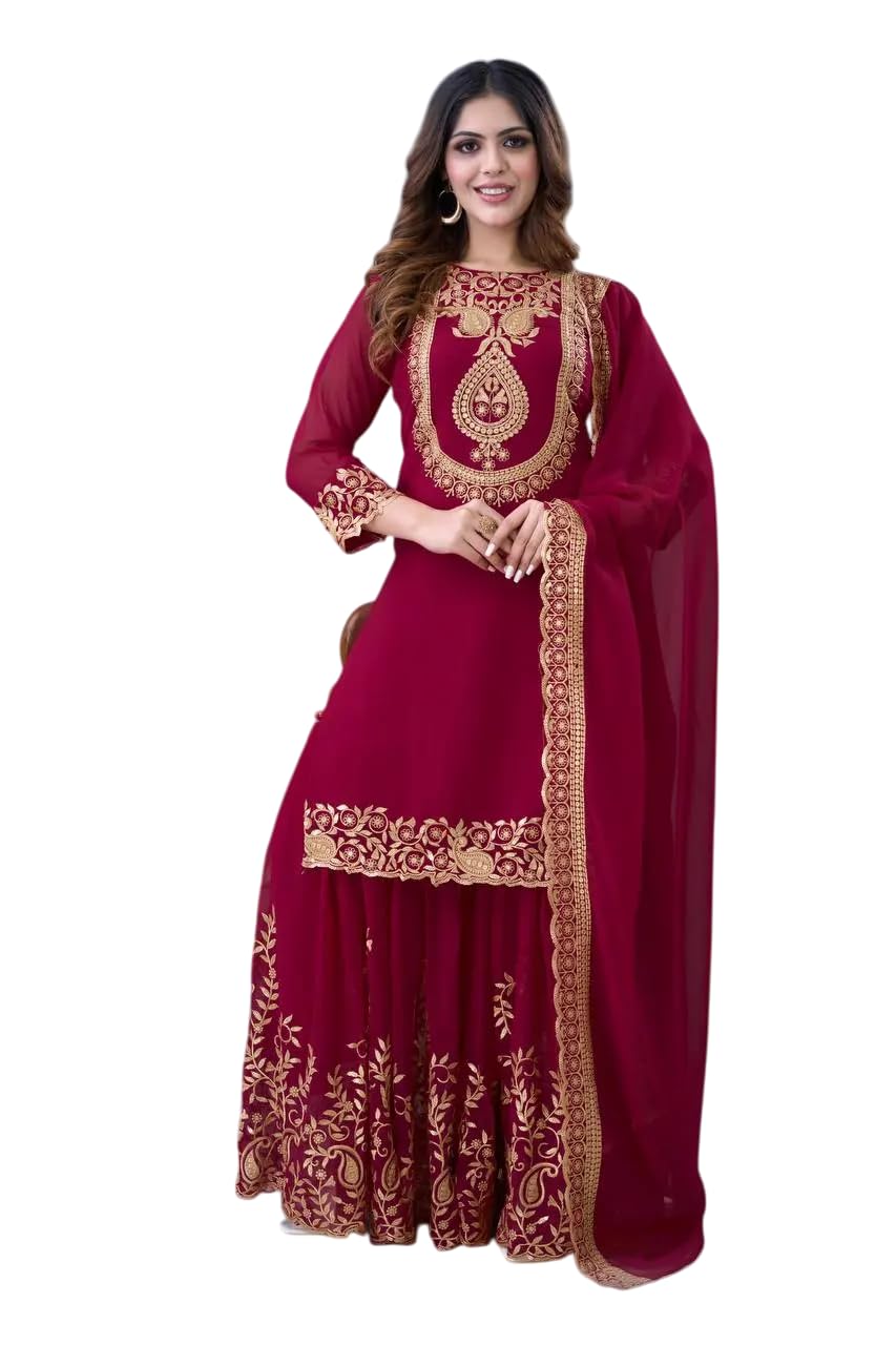 Women's Faux Georgette Ensemble with Embroidery & Sequence Work Kurti With Sharara and Dupatta Set (BLACKLUXE CRAFTS) - BLACKLUXECRAFTS