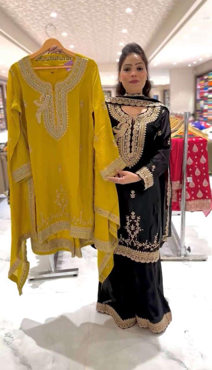 Women's Faux Georgette Embroidered Straight Kurti with Palazzo & Dupatta Set (BLACKLUXE CRAFTS) - BLACKLUXECRAFTS