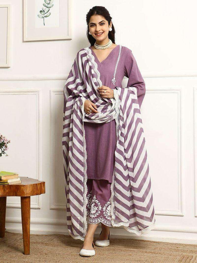 Lavender Cotton Kurta Pant Set with Striped Dupatta – Elegant Embroidered Ethnic Wear for Women (BLACKLUXE CRAFTS) - BLACKLUXECRAFTS
