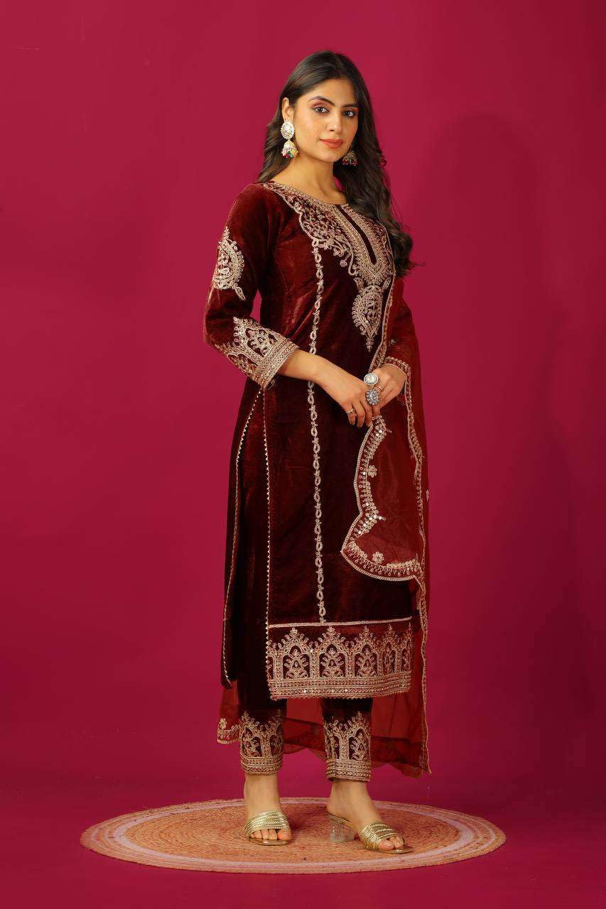 Maroon Velvet Straight Suit with Heavy Golden Embroidery & Net Dupatta | Party & Wedding Wear (BLACKLUXE CRAFTS) - BLACKLUXECRAFTS