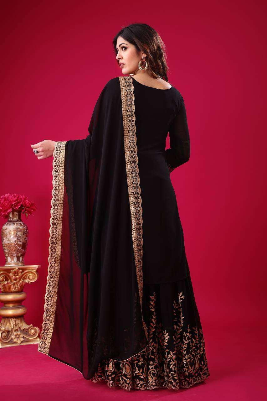 Women's Faux Georgette Ensemble with Embroidery & Sequence Work Kurti With Sharara and Dupatta Set (BLACKLUXE CRAFTS) - BLACKLUXECRAFTS