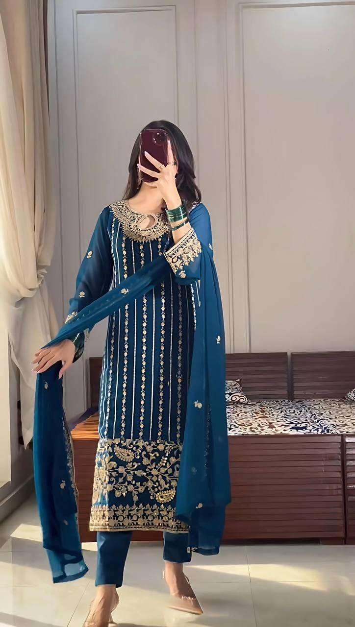 Teal Blue Straight Suit with Heavy Golden Embroidery & Dupatta | Designer Indian Pakistani Party Wear Dress for Women (BLACKLUXE CRAFTS) - BLACKLUXECRAFTS