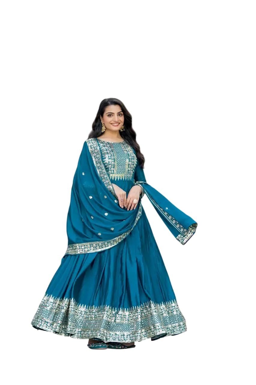Teal Blue Mirror Embroidered Anarkali Suit with Dupatta – Designer Indian Wedding & Festive Wear Outfit (BLACKLUXE CRAFTS) - BLACKLUXECRAFTS