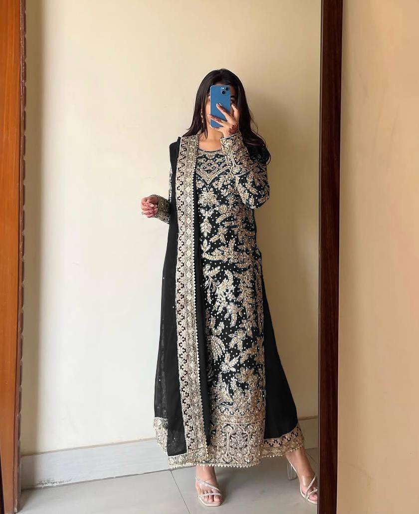 Women's Faux Georgette Embroidered Aaliya Cut Kurti With Plazzo & Dupatta Set with Diamond Handwork (BLACKLUXE CRAFTS) - BLACKLUXECRAFTS