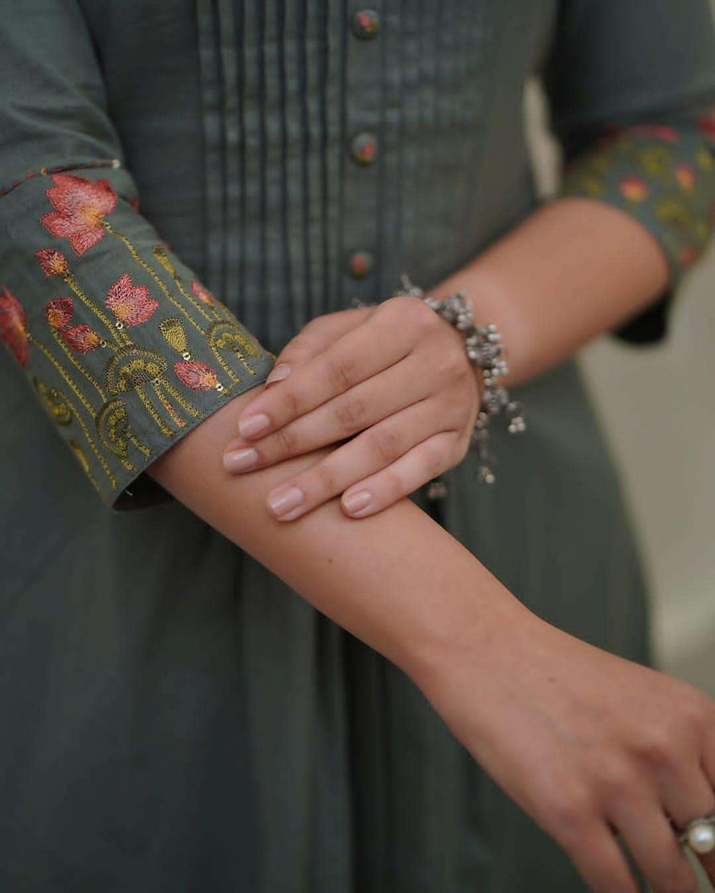Sage Green Cotton Kurta for Women – Pleated Front with Floral Embroidered Sleeves (BLACKLUXE CRAFTS) - BLACKLUXECRAFTS