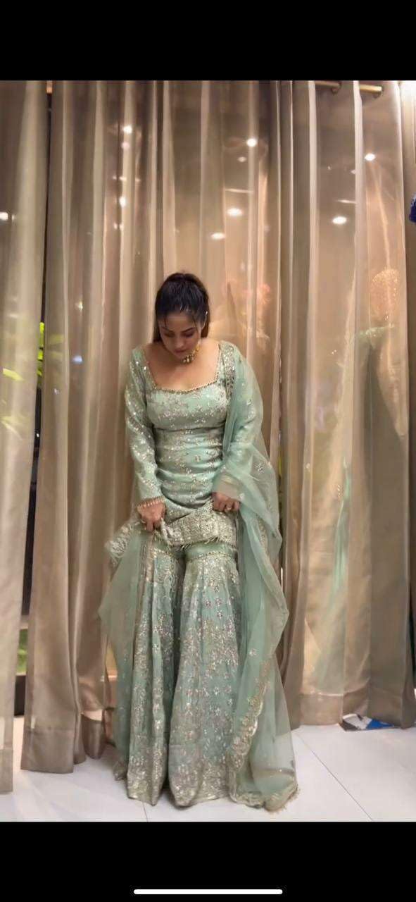 Women's Faux Georgette Embroidered Straight Kurta with Sharara & Dupatta Set (BLACKLUXE CRAFTS) - BLACKLUXECRAFTS