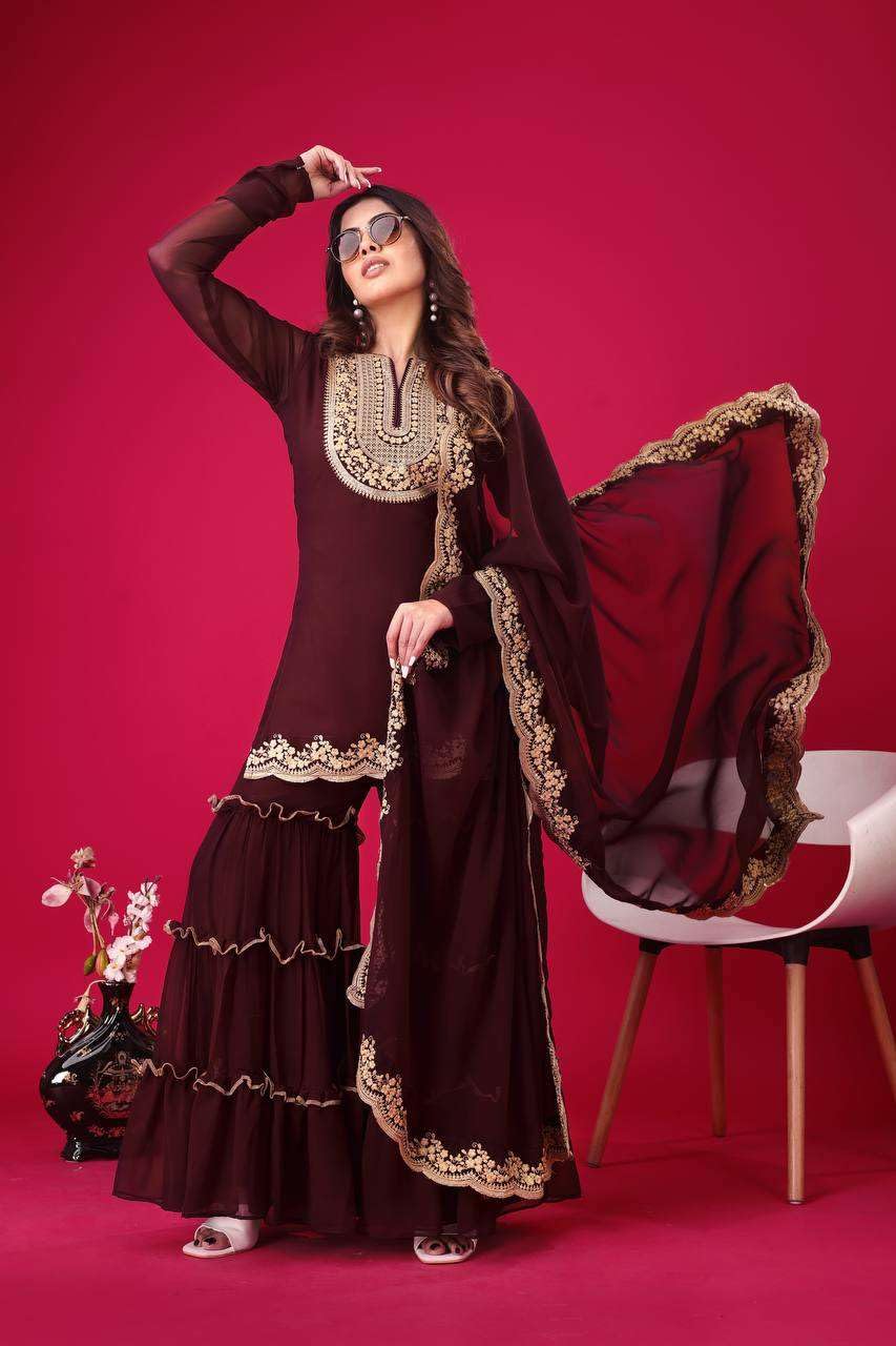 Women's Faux Georgette Embroidered Kurti With Plazzo and Dupatta Set (BLACKLUXE CRAFTS) - BLACKLUXECRAFTS