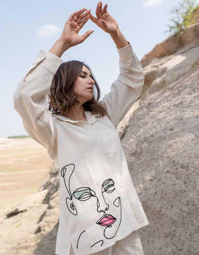 Women’s Off-White Cotton Co-Ord Set – Long Sleeve Shirt with Abstract Face Print & Straight Pants (BLACKLUXE CRAFTS) - BLACKLUXECRAFTS