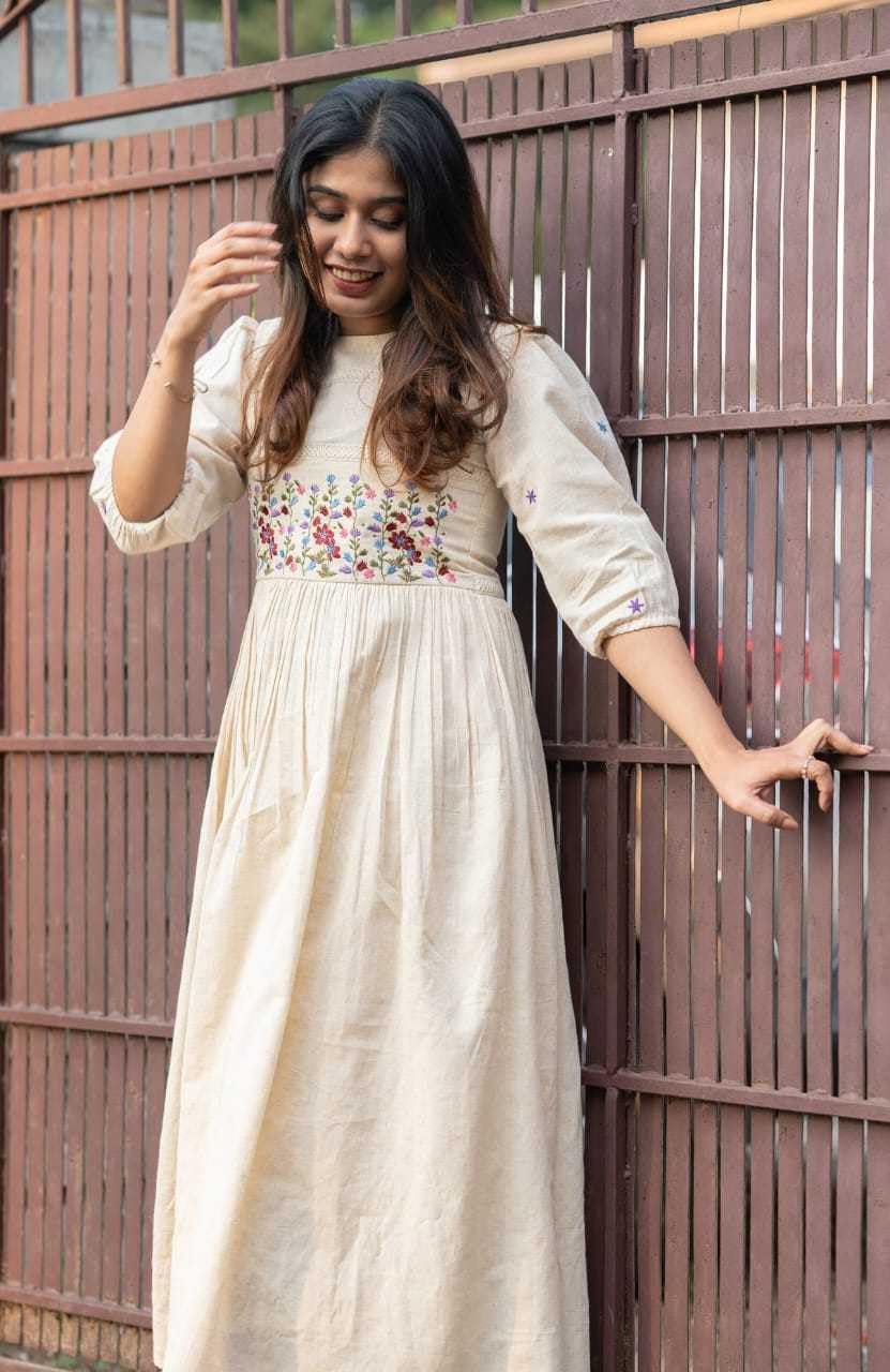 Cream Cotton Embroidered Dress – Handcrafted Floral Boho Ethnic Wear for Women (BLACKLUXE CRAFTS) - BLACKLUXECRAFTS