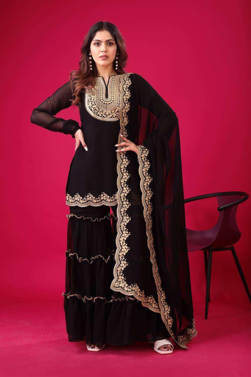 Women's Faux Georgette Embroidered Kurti With Plazzo and Dupatta Set (BLACKLUXE CRAFTS) - BLACKLUXECRAFTS