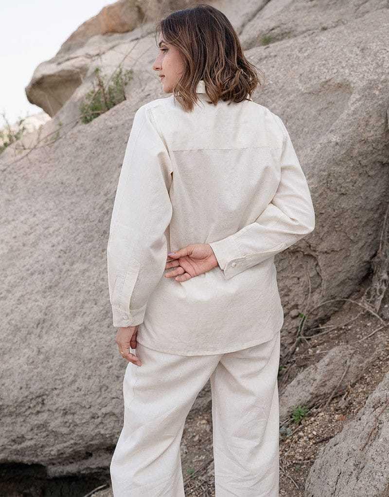 Women’s Off-White Cotton Co-Ord Set – Long Sleeve Shirt with Abstract Face Print & Straight Pants (BLACKLUXE CRAFTS) - BLACKLUXECRAFTS