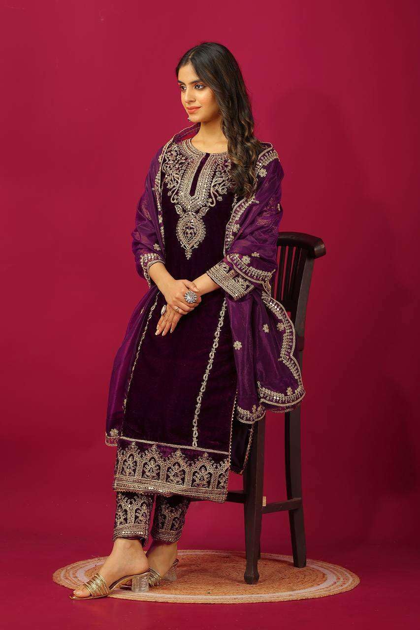 Maroon Velvet Straight Suit with Heavy Golden Embroidery & Net Dupatta | Party & Wedding Wear (BLACKLUXE CRAFTS) - BLACKLUXECRAFTS