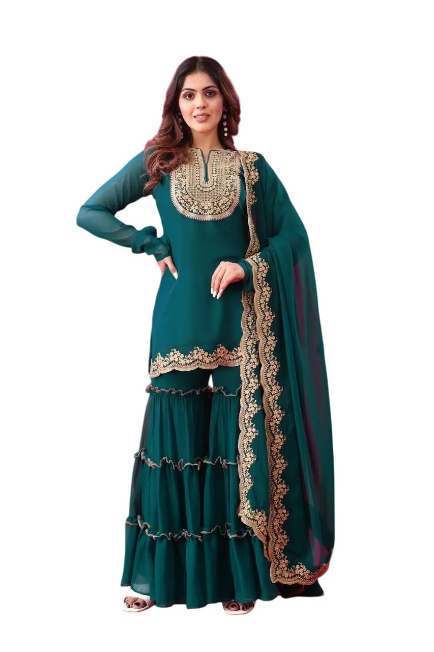 Women's Faux Georgette Embroidered Kurti With Plazzo and Dupatta Set (BLACKLUXE CRAFTS) - BLACKLUXECRAFTS