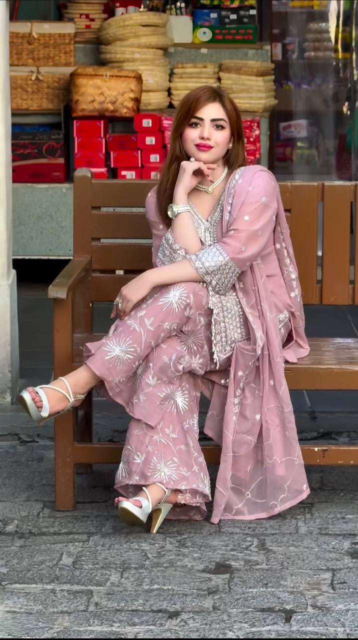 Women's Faux Georgette Embroidered Straight Short Kurta with Sharara & Dupatta Set (BLACKLUXE CRAFTS) - BLACKLUXECRAFTS