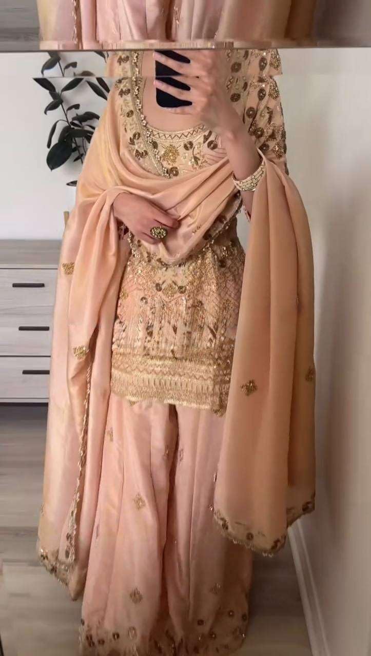 Peach Gold Embroidered Sharara Suit with Dupatta – Luxury Wedding Party Wear Indian Outfit for Women
(BLACKLUXE CRAFTS) - BLACKLUXECRAFTS