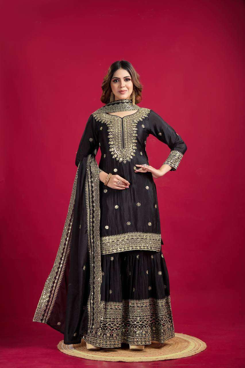 Black Embroidered Sharara Suit with Dupatta | Designer Indian Ethnic Wear | Party & Wedding Outfit for Women (BLACKLUXE CRAFTS) - BLACKLUXECRAFTS