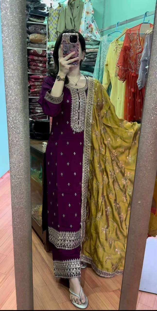 Women's Chinnon Silk Embroidered Straight Kurti with Pant & Dupatta Set (BLACKLUXE CRAFTS) - BLACKLUXECRAFTS