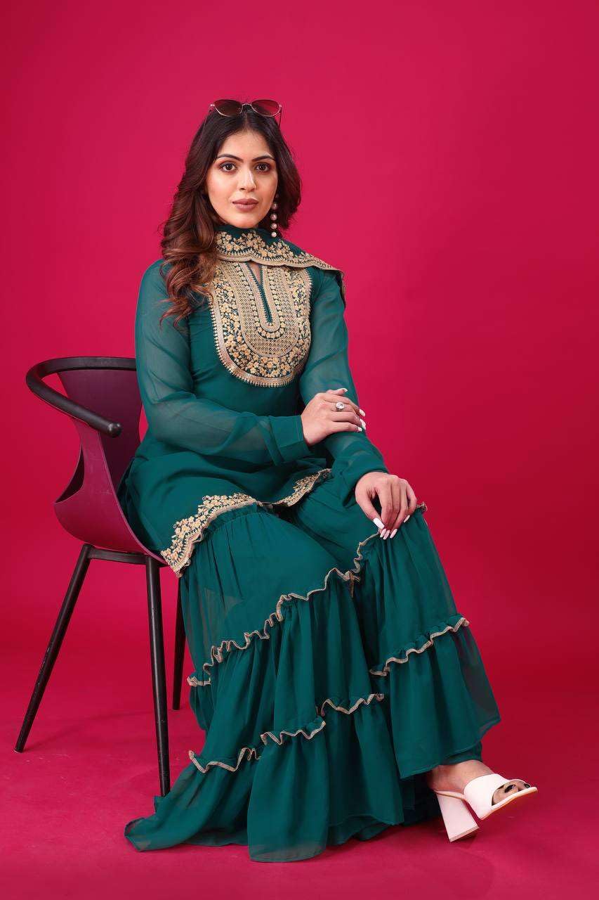 Women's Faux Georgette Embroidered Kurti With Plazzo and Dupatta Set (BLACKLUXE CRAFTS) - BLACKLUXECRAFTS