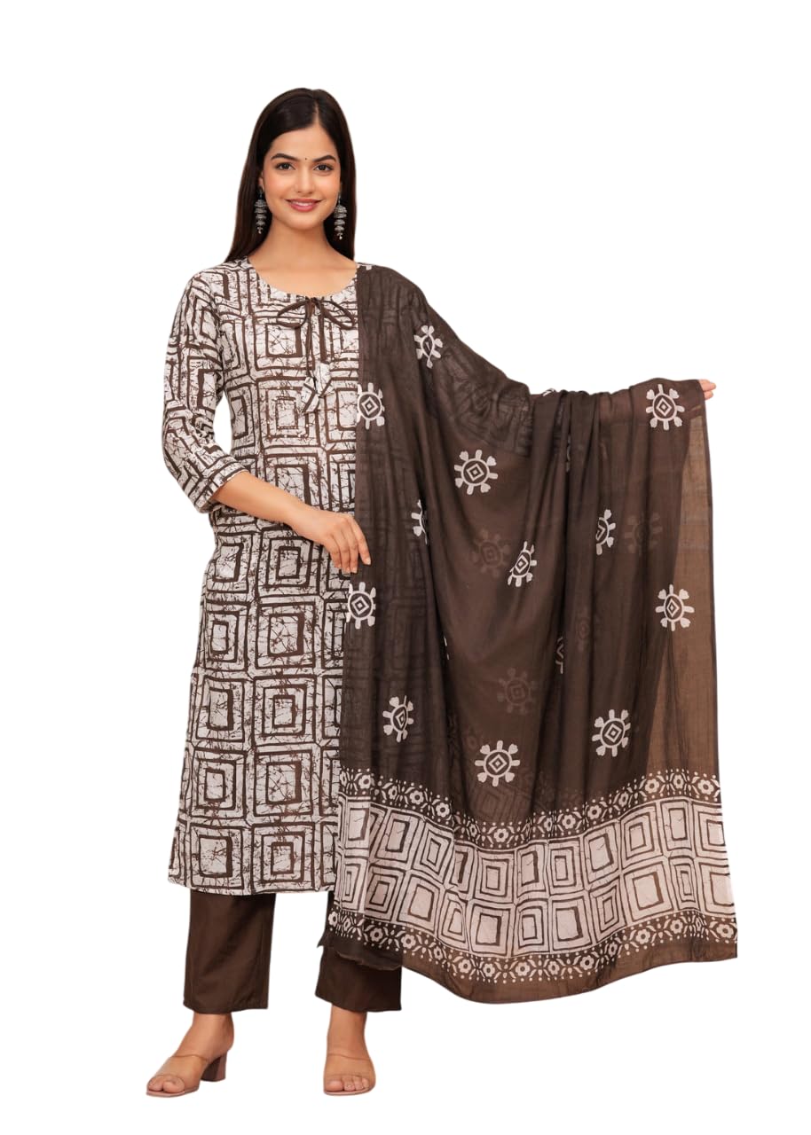 Brown & White Printed Kurta Set with Dupatta | Elegant Ethnic Suit for Women | Cotton Blend Casual & Festive Wear (BLACKLUXE CRAFTS) - BLACKLUXECRAFTS