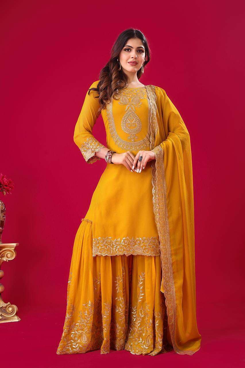 Women's Faux Georgette Ensemble with Embroidery & Sequence Work Kurti With Sharara and Dupatta Set (BLACKLUXE CRAFTS) - BLACKLUXECRAFTS