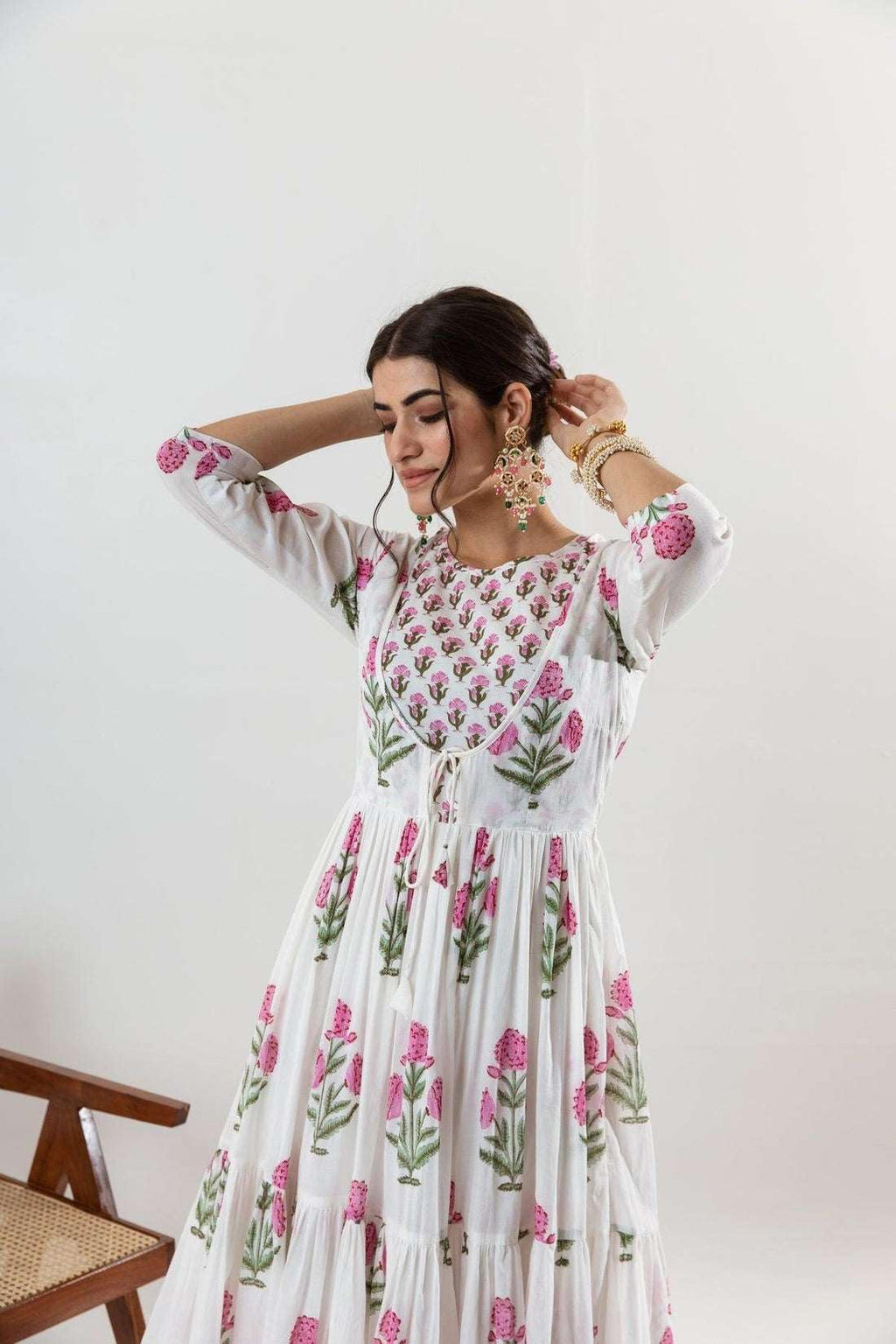 Women's Cotton Floral Printed Long Anarkali Kurti with Pant and Dupatta - BLACKLUXECRAFTS