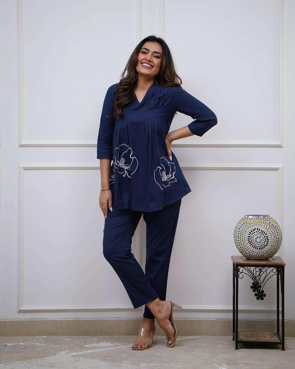 Cotton Co-ord Set for Women – Pleated Kurta with Floral Embroidery and Pants (BLACKLUXE CRAFTS) - BLACKLUXECRAFTS