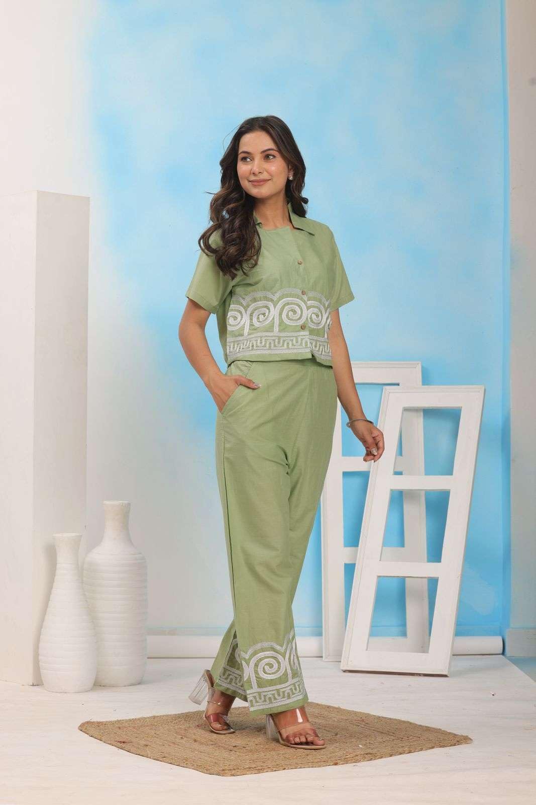 Women’s Cotton Co-Ord Set – Short Sleeve Shirt with Embroidery & Wide Leg Pants (BLACKLUXE CRAFTS) - BLACKLUXECRAFTS
