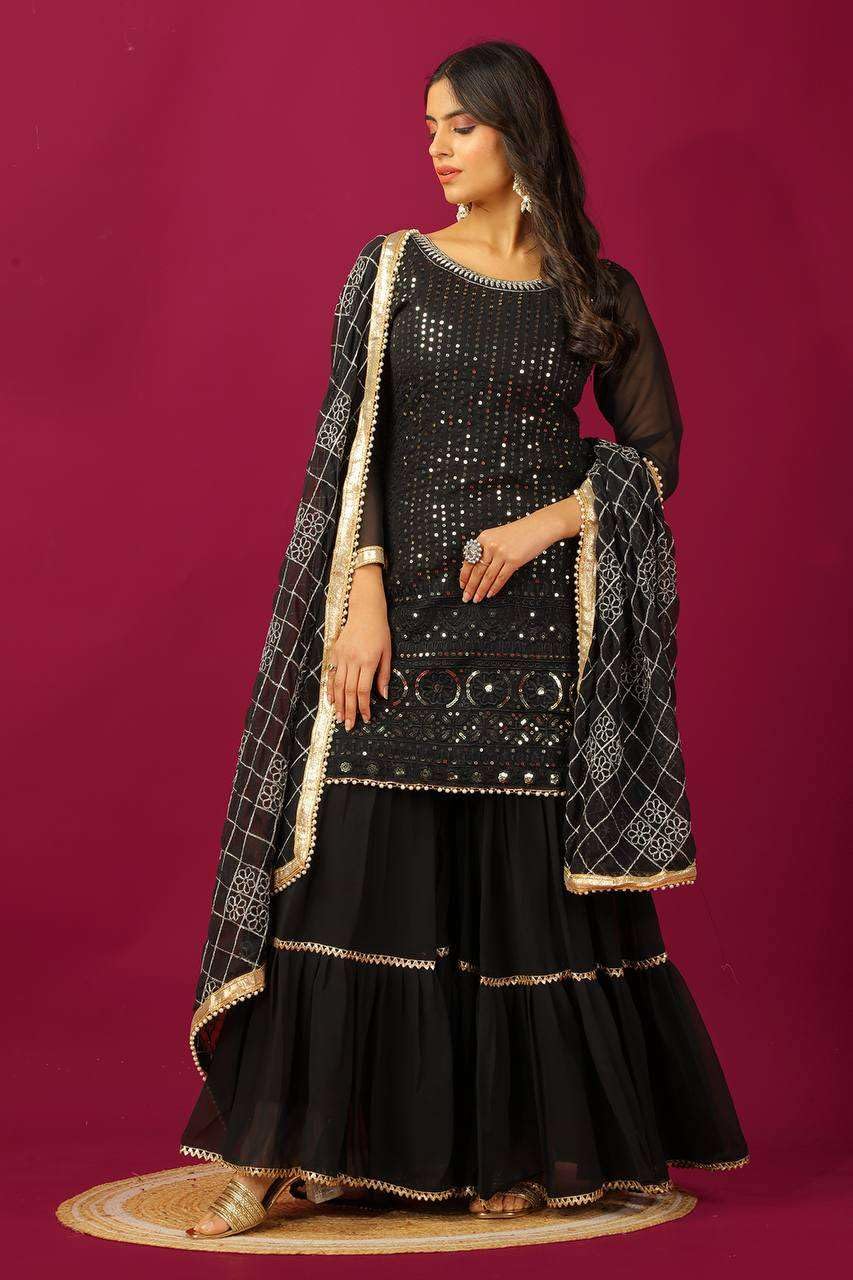 Georgette Sharara Suit with Mirror Work & Embroidered Dupatta | Party Wear Indian Ethnic Set (BLACKLUXE CRAFTS) - BLACKLUXECRAFTS