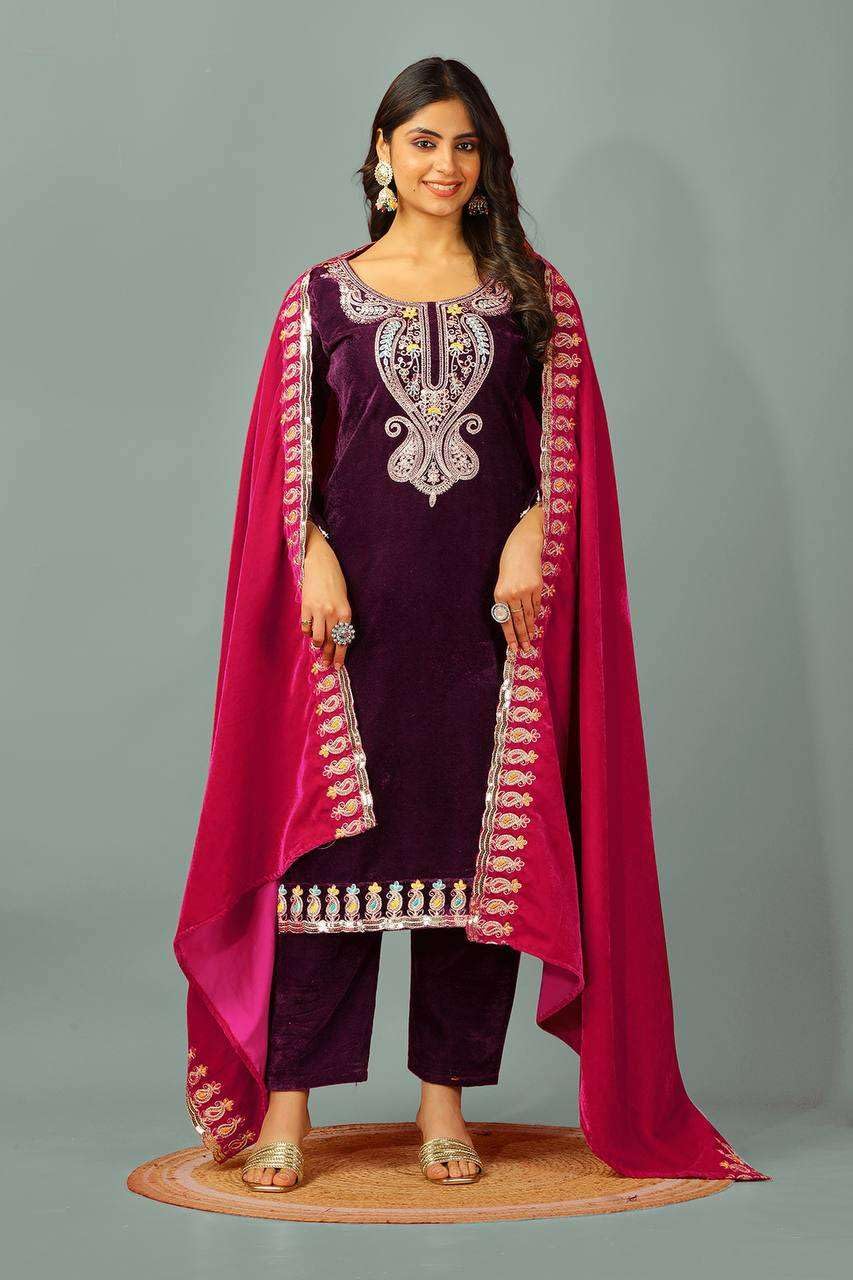 Velvet Embroidered Suit Set with Pink Dupatta – Designer Indian Wedding & Festive Wear Outfit (BLACKLUXE CRAFTS) - BLACKLUXECRAFTS