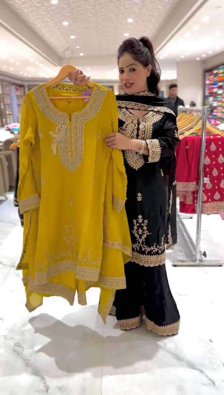 Women's Faux Georgette Embroidered Straight Kurti with Palazzo & Dupatta Set (BLACKLUXE CRAFTS) - BLACKLUXECRAFTS