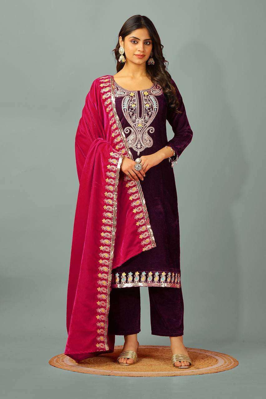Velvet Embroidered Suit Set with Pink Dupatta – Designer Indian Wedding & Festive Wear Outfit (BLACKLUXE CRAFTS) - BLACKLUXECRAFTS