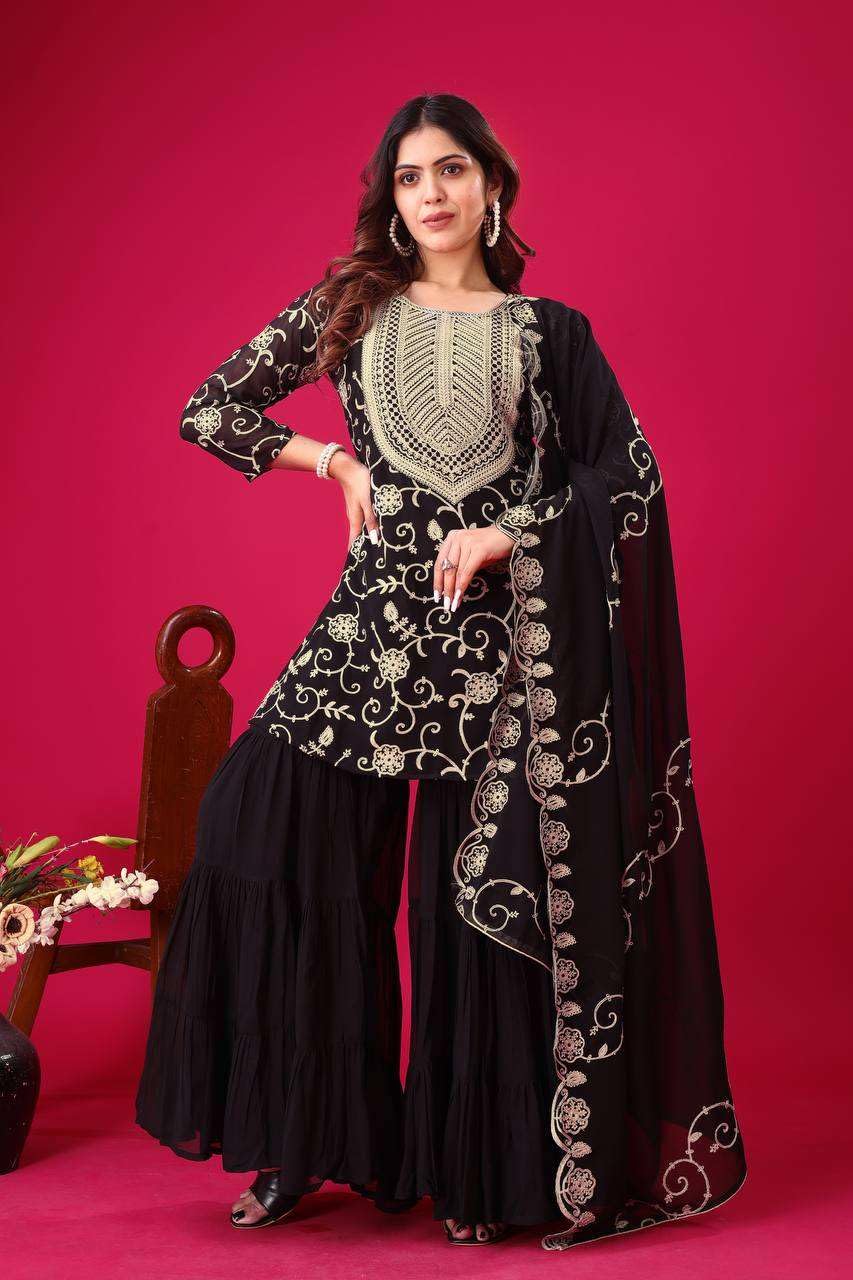 Embroidered Kurta Sharara Set with Dupatta – Designer Indian Wedding & Party Wear Outfit for Women (BLACKLUXE CRAFTS) - BLACKLUXECRAFTS