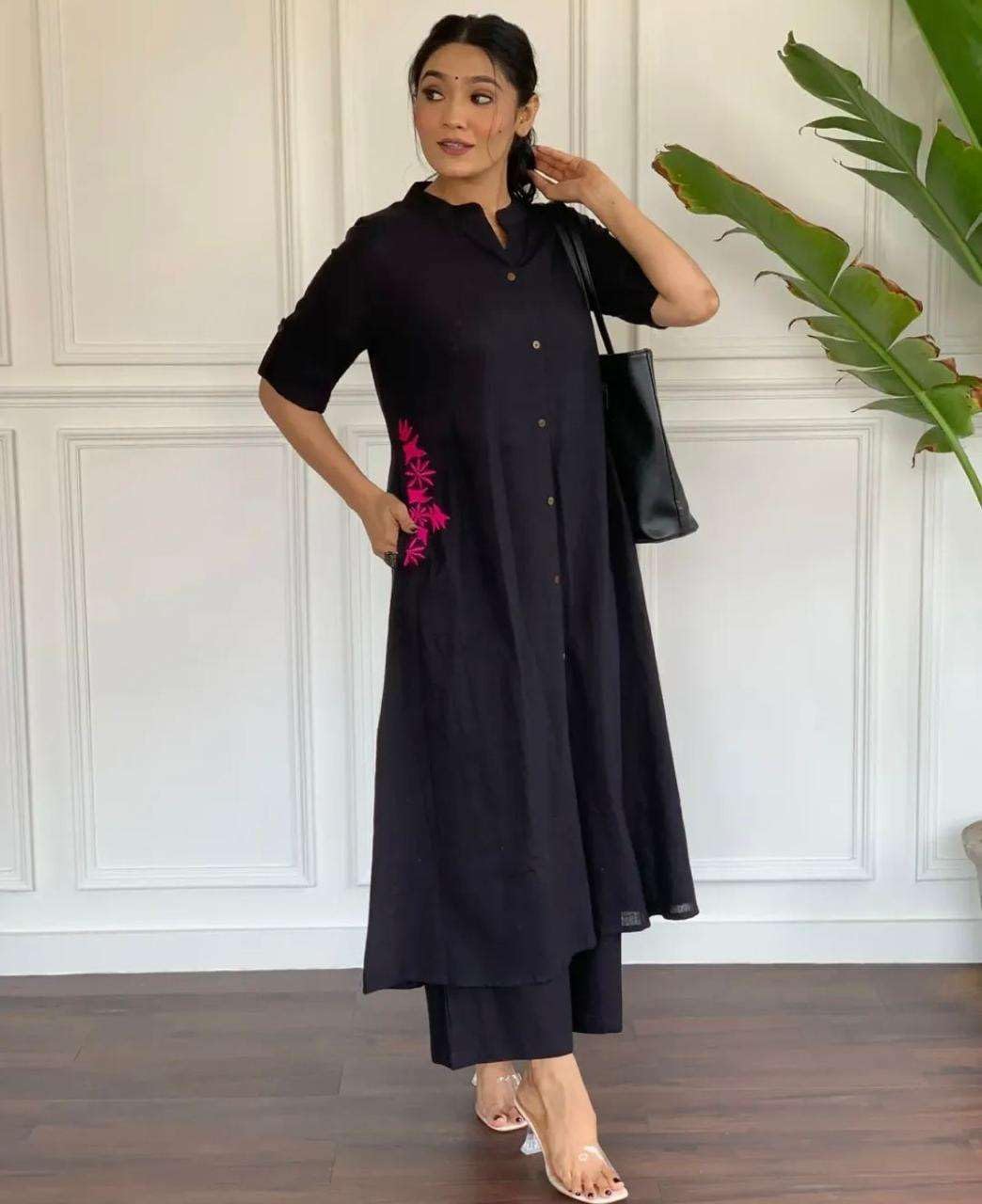 Elegant Black Kurta Set with Pink Embroidery | Women’s Ethnic Outfit (BLACKLUXE CRAFTS) - BLACKLUXECRAFTS