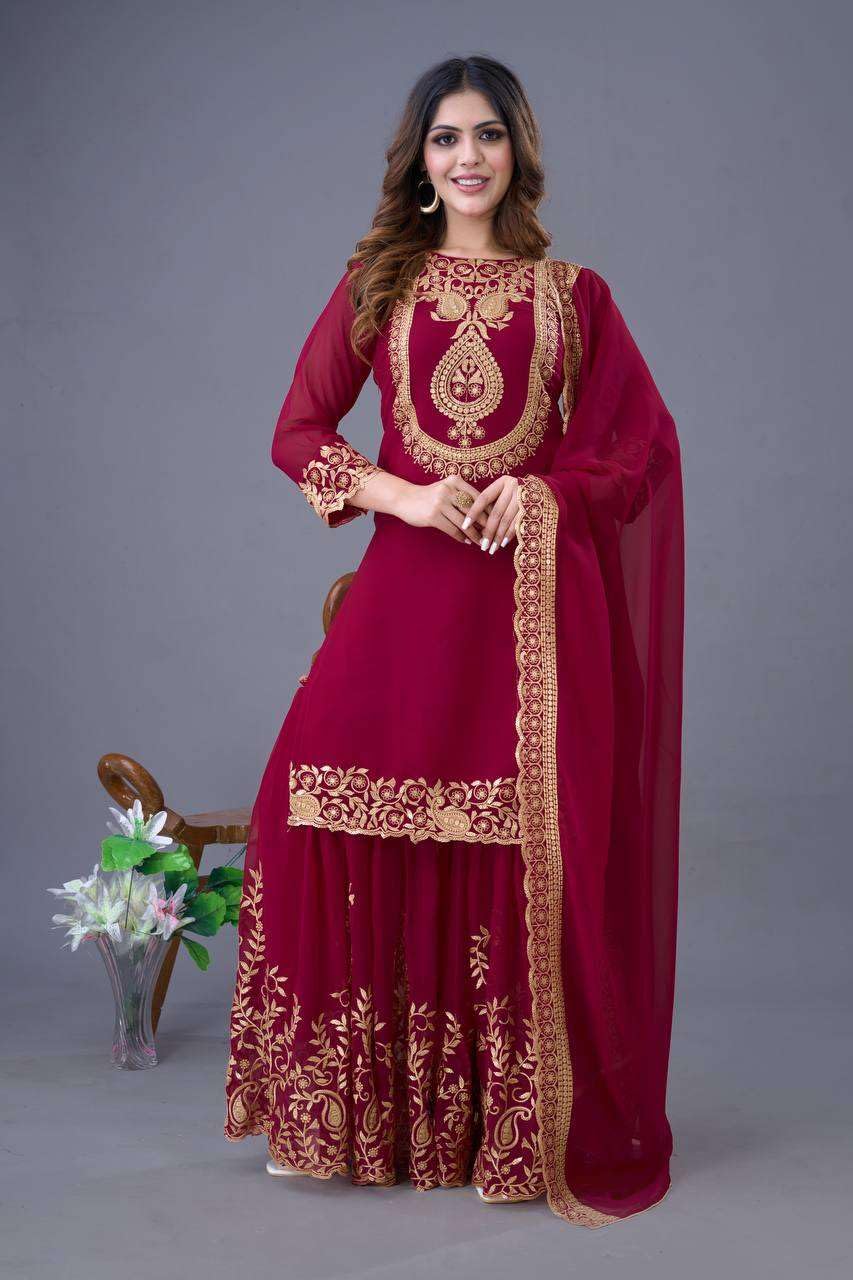 Women's Faux Georgette Ensemble with Embroidery & Sequence Work Kurti With Sharara and Dupatta Set (BLACKLUXE CRAFTS) - BLACKLUXECRAFTS
