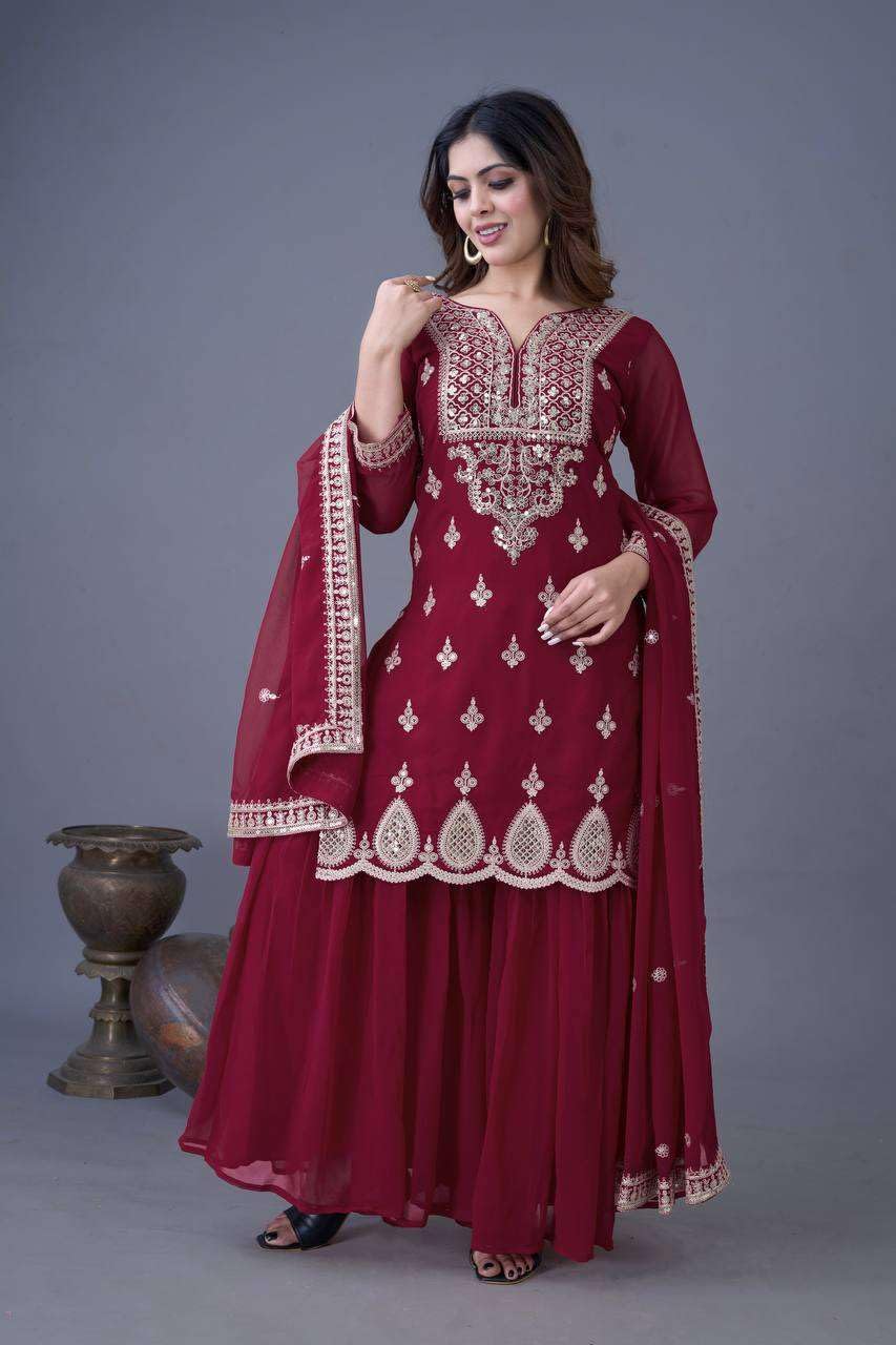 Women's Georgette Embroidered Kurti With Sharara & Dupatta Set (BLACKLUXE CRAFTS) - BLACKLUXECRAFTS