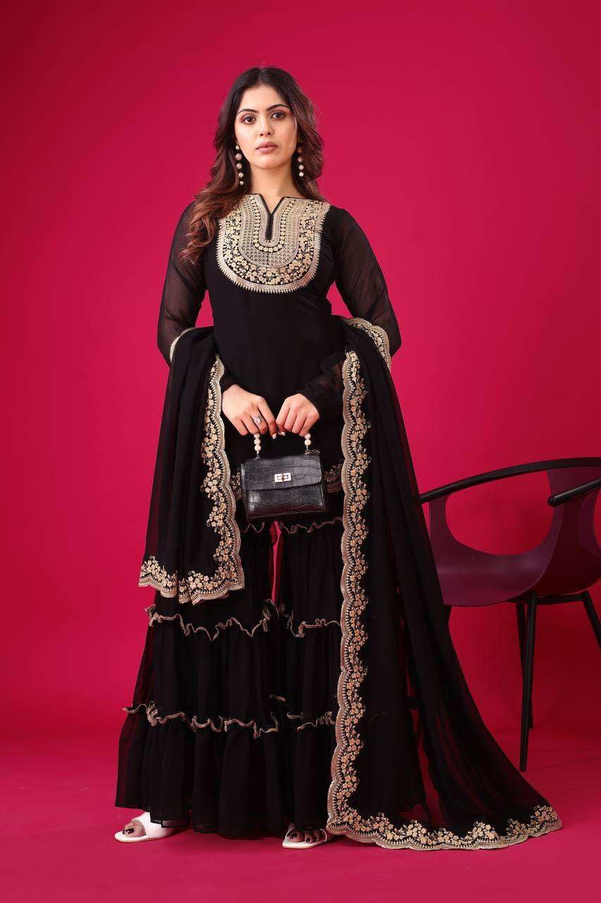 Women's Faux Georgette Embroidered Kurti With Plazzo and Dupatta Set (BLACKLUXE CRAFTS) - BLACKLUXECRAFTS