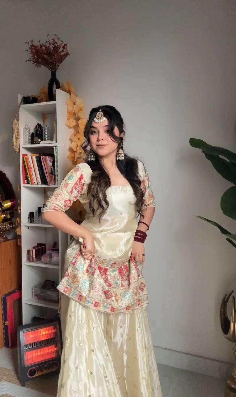 Women's Chinon Silk Embroidered Kurti With Sharara & Dupatta Set with Lace Border (BLACKLUXE CRAFTS) - BLACKLUXECRAFTS