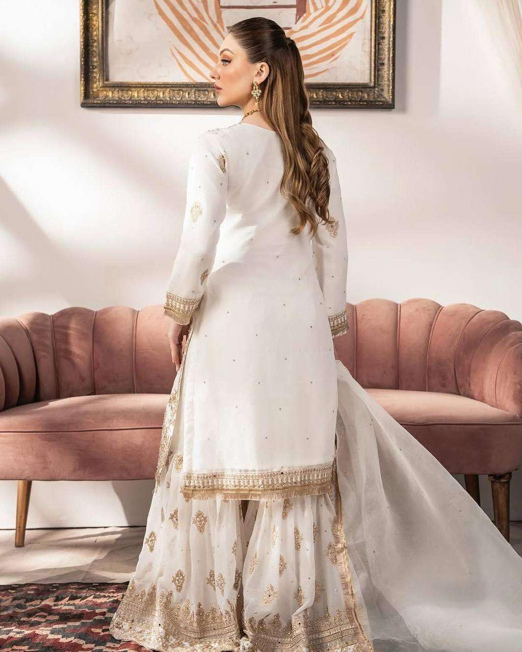 Women's Faux Georgette Embroidered Straight Kurti With Sharara and Dupatta Set (BLACKLUXE CRAFTS) - BLACKLUXECRAFTS
