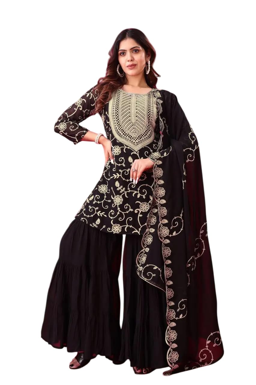 Embroidered Kurta Sharara Set with Dupatta – Designer Indian Wedding & Party Wear Outfit for Women (BLACKLUXE CRAFTS) - BLACKLUXECRAFTS