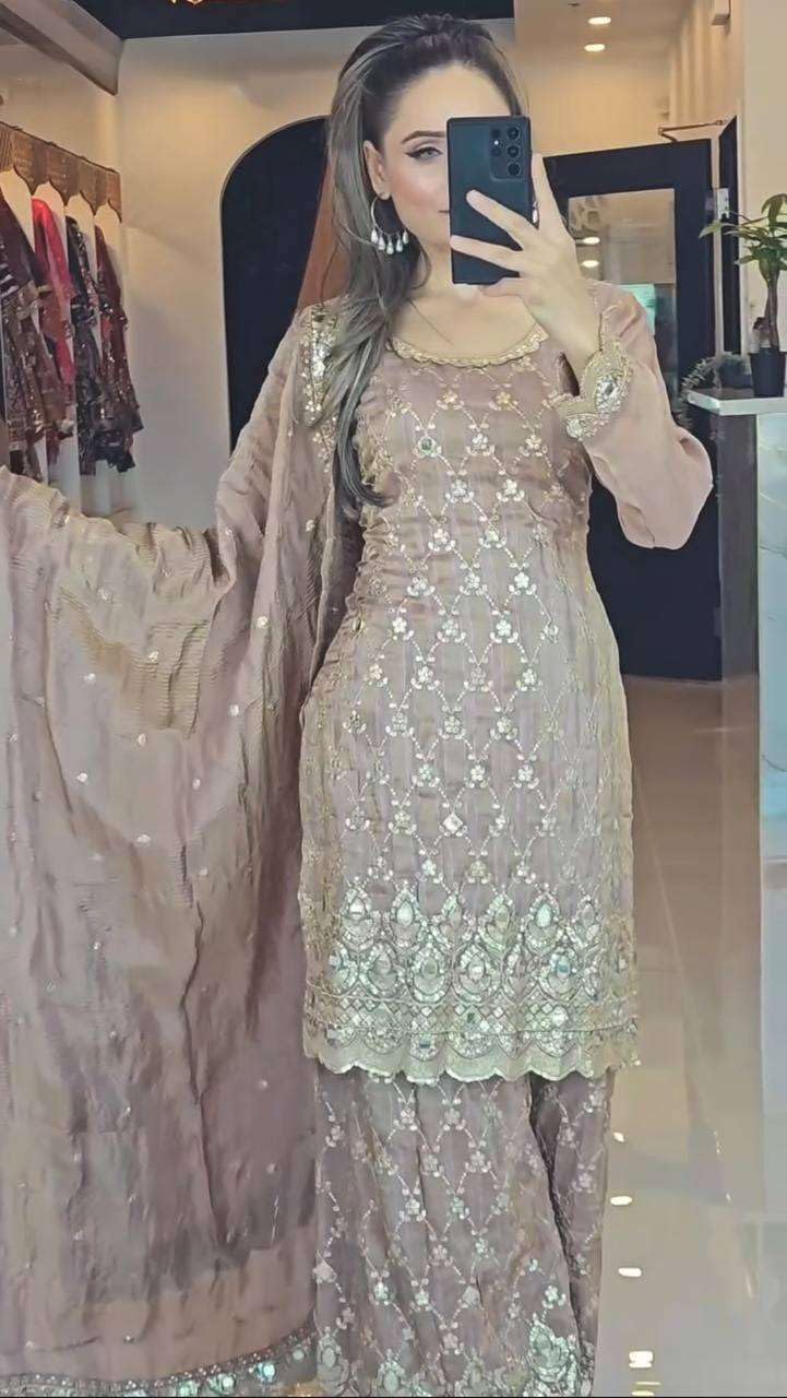 Women's Chinnon Silk Embroidery & Mirror Work Straight Kurti with Sharara & Dupatta Set (BLACKLUXE CRAFTS) - BLACKLUXECRAFTS