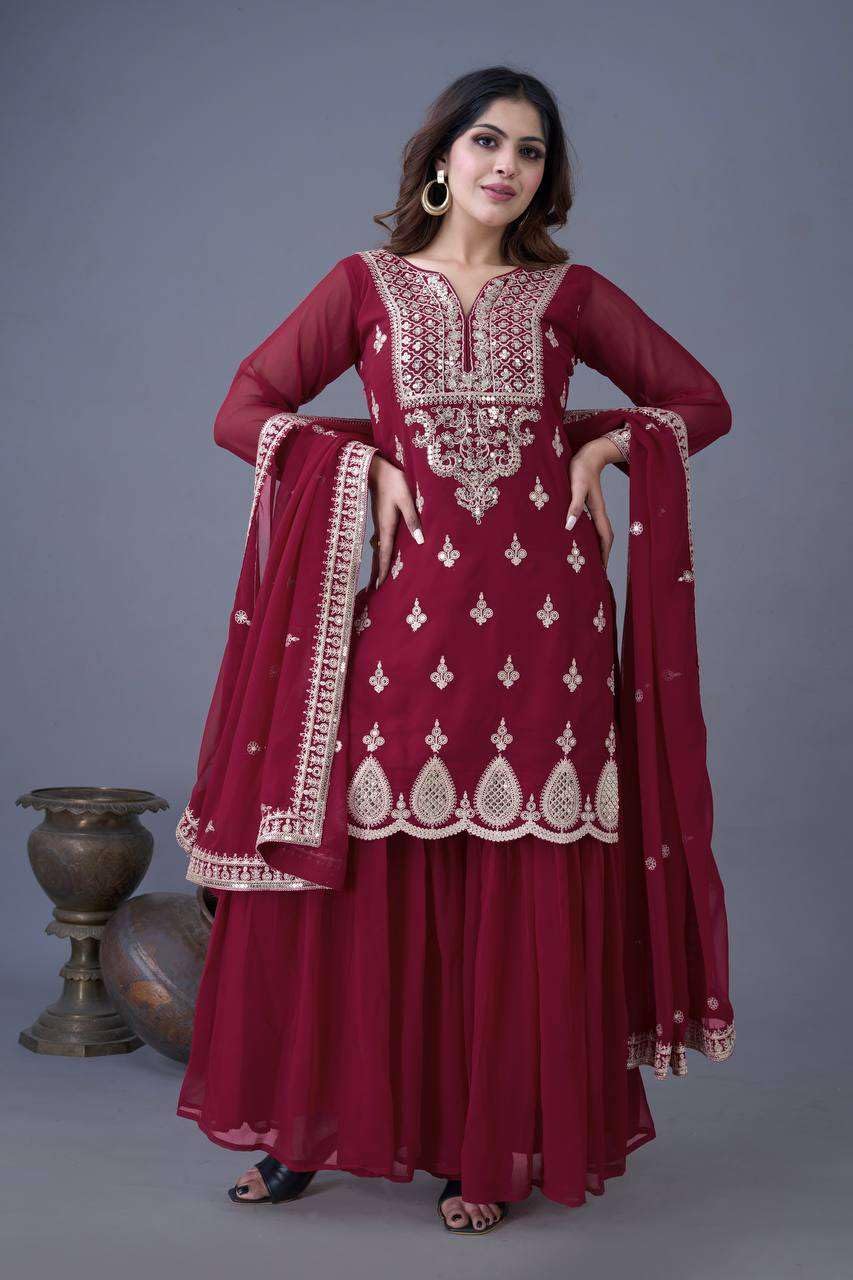 Women's Georgette Embroidered Kurti With Sharara & Dupatta Set (BLACKLUXE CRAFTS) - BLACKLUXECRAFTS