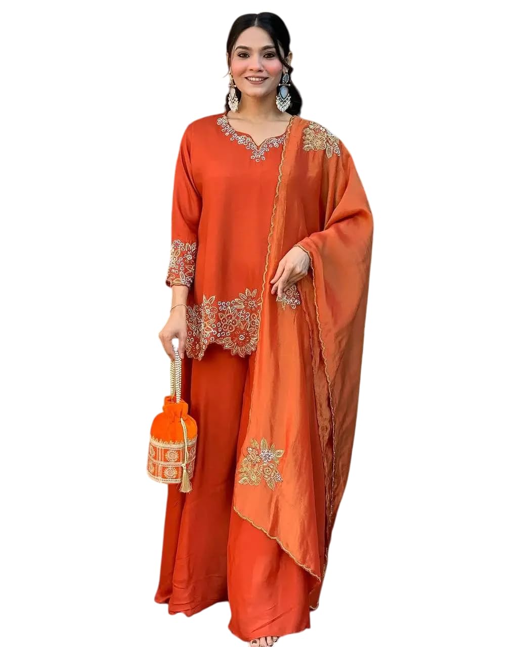 Women’s Georgette Embroidered Kurta with Plazzo and Dupatta Set (BLACKLUXE CRAFTS) - BLACKLUXECRAFTS