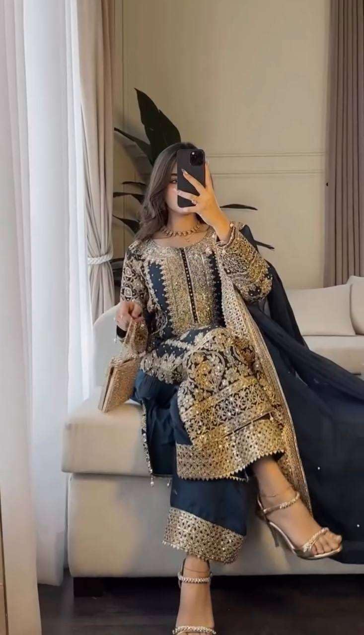 Black Embroidered Pakistani Suit with Heavy Silver Zari & Sequin Work | Designer Salwar Kameez with Dupatta for Women (BLACKLUXE CRAFTS) - BLACKLUXECRAFTS