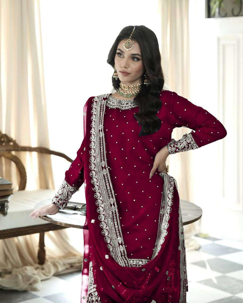 Maroon Sharara Suit with Heavy Silver Embroidery & Dupatta | Bridal & Wedding Wear (BLACKLUXE CRAFTS) - BLACKLUXECRAFTS