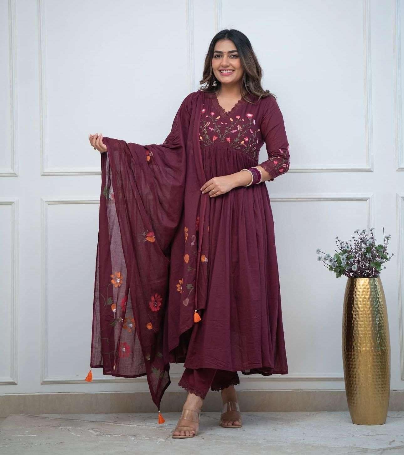Women's Cotton Embroidered Long Anarkali Kurti With Pant and Dupatta Set (BLACKLUXE CRAFTS) - BLACKLUXECRAFTS