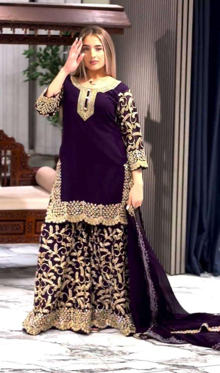 Purple Embroidered Kurta Sharara Set with Dupatta – Luxury Indian Wedding & Party Wear Outfit for Women (BLACKLUXE CRAFTS) - BLACKLUXECRAFTS