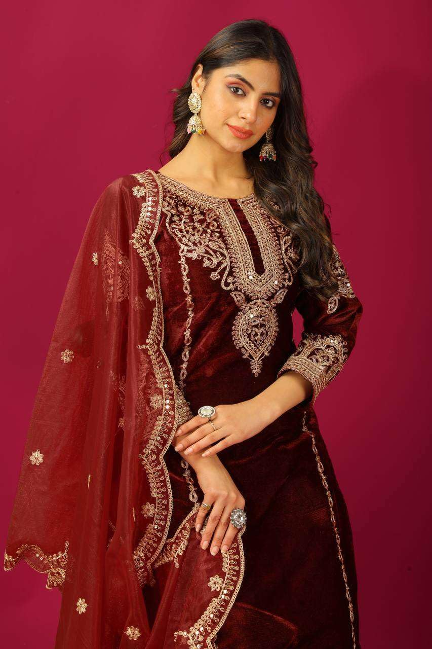 Maroon Velvet Straight Suit with Heavy Golden Embroidery & Net Dupatta | Party & Wedding Wear (BLACKLUXE CRAFTS) - BLACKLUXECRAFTS