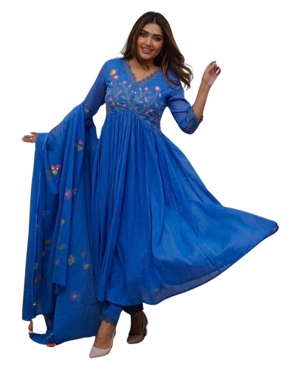 Women's Cotton Embroidered Long Anarkali Kurti With Pant and Dupatta Set (BLACKLUXE CRAFTS) - BLACKLUXECRAFTS